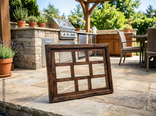 Rustic Wooden Window Frame on Outdoor Patio with Grill.