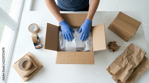 Person wearing blue gloves packing items into a cardboard box for shipping.