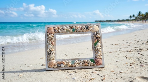 Seashell Picture Frame on Sandy Beach with Ocean Waves.