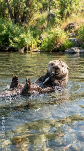 Sea Otter Floating on Back in Clear River Water Surrounded by Greenery.