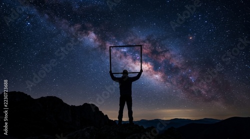 Silhouette of a person holding a frame against the Milky Way galaxy at night.