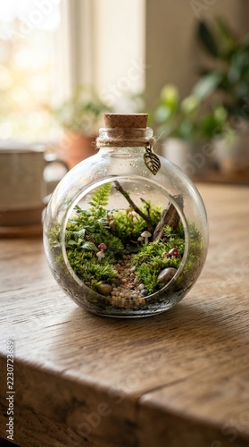 Small Glass Terrarium with Lush Green Plants on a Wooden Table.