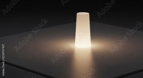 Minimalist glowing cylinder object on a flat surface with soft ambient light, creating a serene and modern atmosphere
