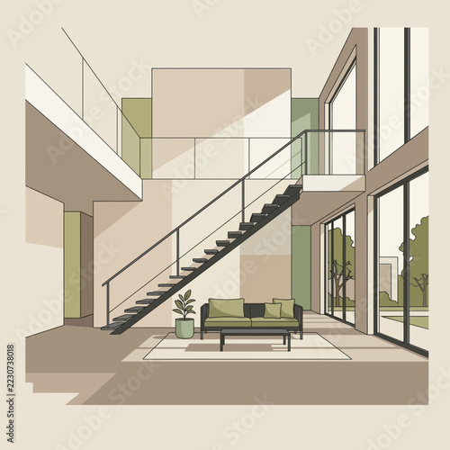 Modern interior design, staircase, living room, architectural sketch, minimalist style