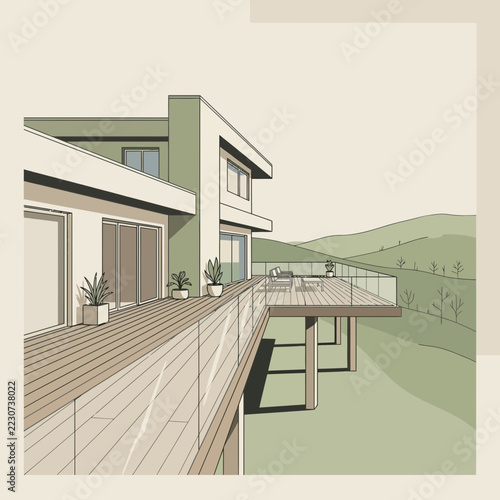 Modern house with large deck and scenic green hills background.
