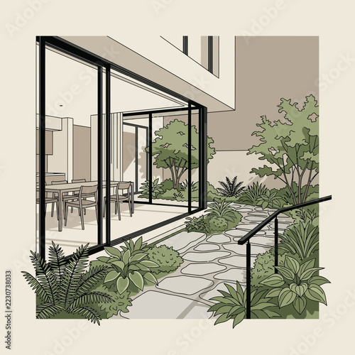 Modern house exterior with garden, patio and large glass doors