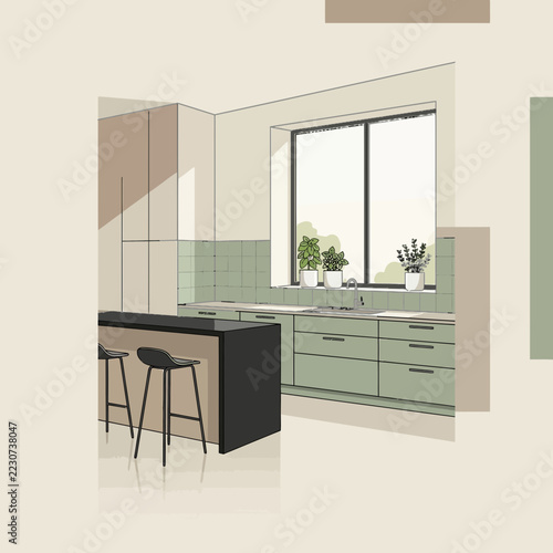 Modern Kitchen Interior Design Illustration with Island and Window