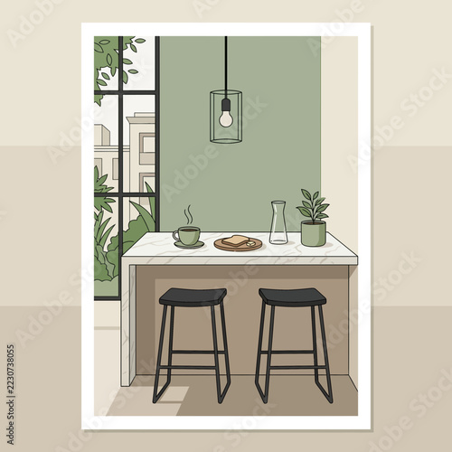 Modern kitchen island with breakfast and plant, natural light from window