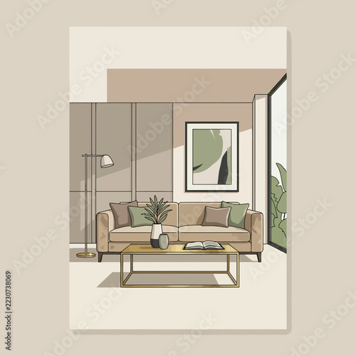 Modern living room interior design with sofa, coffee table, and floor lamp.