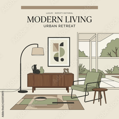 Modern Living Room Interior with Mid-Century Furniture and Art