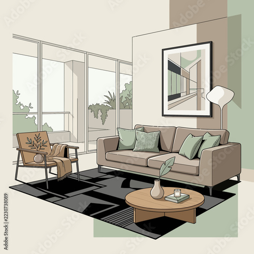 Modern living room with minimalist sofa, armchair, artwork and coffee table.