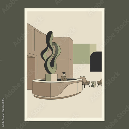 Modern lobby reception with abstract sculpture and attendant