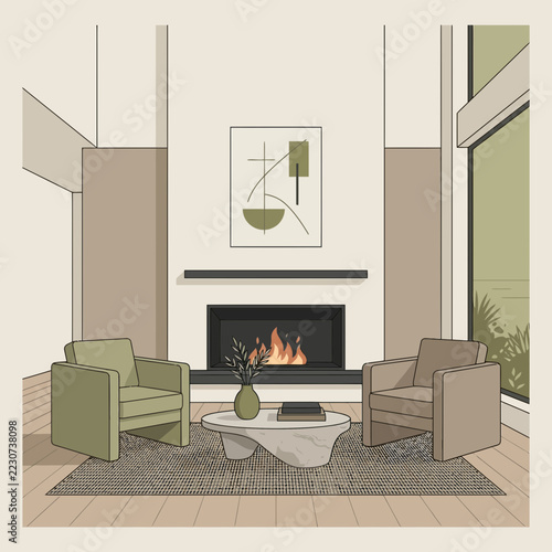Modern living room with fireplace, armchairs, coffee table, abstract art.