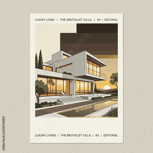 Modern Brutalist Villa with Pool, Sunset View, Architectural Design