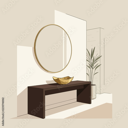 Modern console table with mirror and plant in minimalist interior