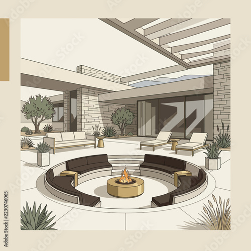 Modern courtyard with fire pit and lounge furniture, architectural illustration