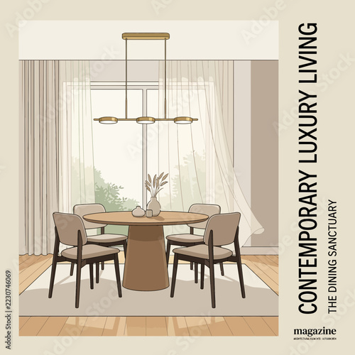 Modern Dining Room Design Illustration, Elegant Furniture, Natural Light