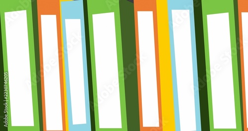 Displaying colorful vertical binder spines across graphic design layout, with white label panels