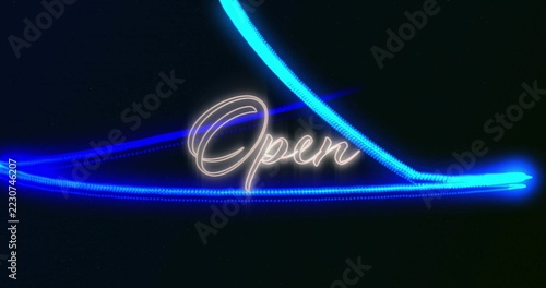 Glowing cursive Open neon sign dominating in studio, emitting halo and sweeping blue dotted trails