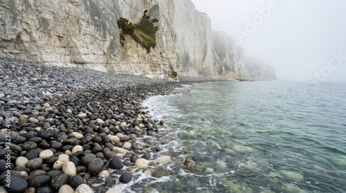Rocky shoreline meets white chalk cliffs under a foggy coastal sky