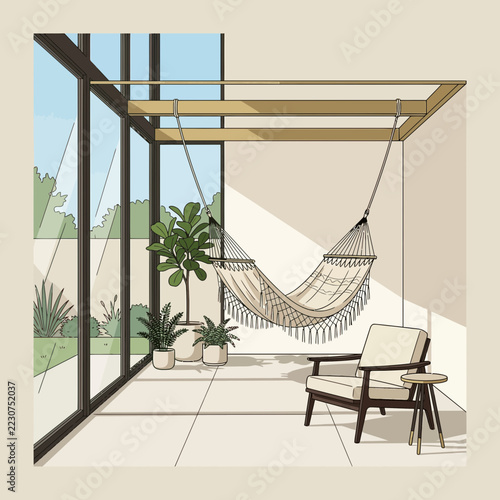 Modern patio with hammock, chair, and plants, large windows, bright sunlight