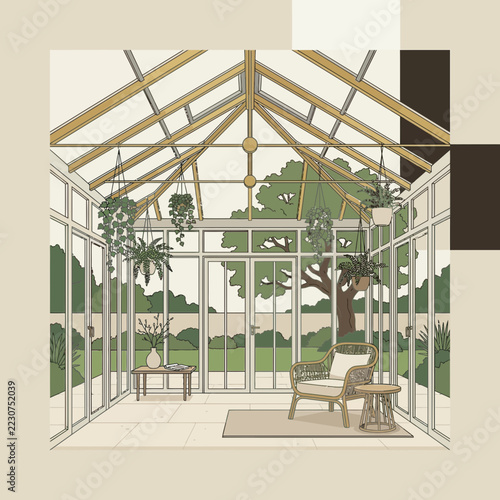 Sunroom interior with plants, rattan chair, and garden view