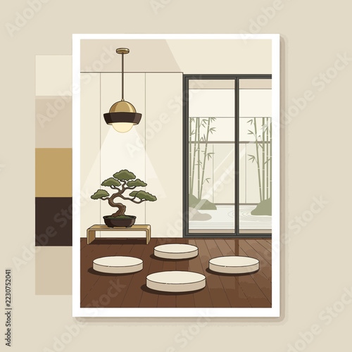 Zen room interior with bonsai tree and garden view