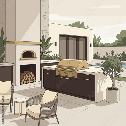 Outdoor kitchen with grill, pizza oven, chairs, and pool area.