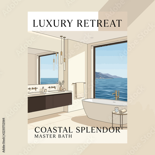 Modern luxury bathroom with ocean view, minimalist design, elegant ambiance