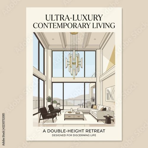 Modern luxury living room with high ceilings and large windows