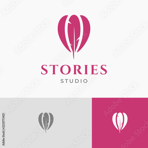 Elegant balloon logo pairs soft pink feathers on grey and white backgrounds, ideal for branding and invitations.