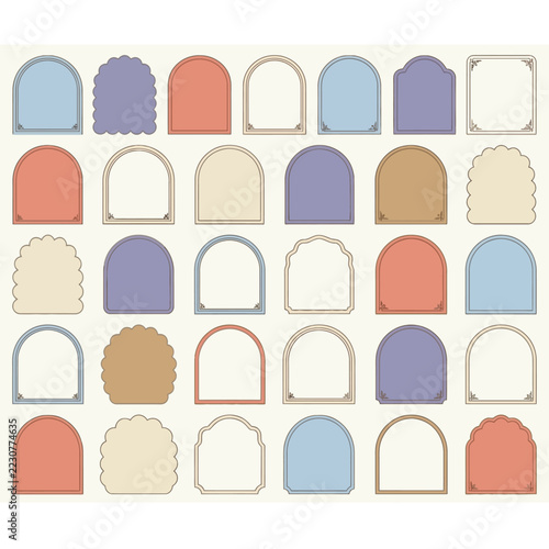 A collection of various colorful decorative arch shaped frames set