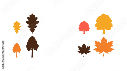 A collection of colorful autumn tree and leaf vector icons