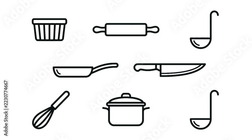 A collection of simple black line icons for kitchen cooking tools