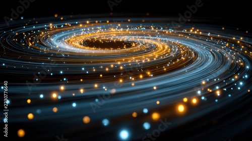 Dynamic Spiral of Glowing Blue and Gold Light Particles in Motion on Dark Background