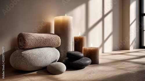 Minimalist Spa Still Life with Burning Candles Zen Stones and Rolled Towel in Warm Sun Light