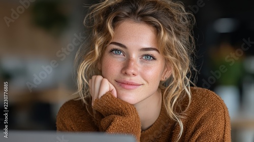Portrait of Beautiful Young Woman with Blue Eyes Resting Chin on Hand Smiling Calmly at Camera