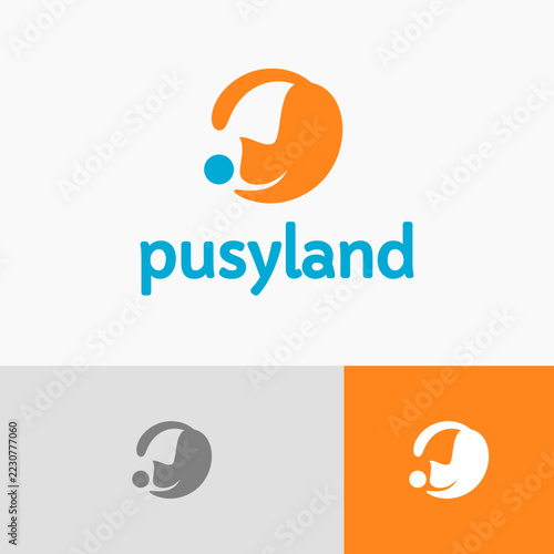 Cat play logo featuring an orange cat head graphic icon and blue pusyland lettering.