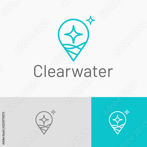 Teal turquoise blue location pin and sparkles create a waterthemed logo for hydration brands, bottled water, wellness, and environmental projects.