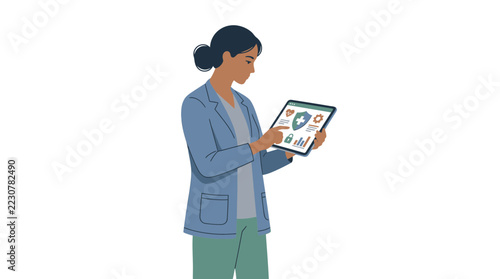 Woman Using Tablet with Security and Data Icons on Transparent Background