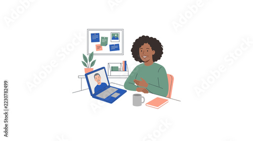 Woman video calling colleague on laptop, working from home