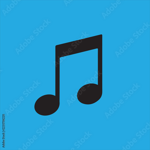 Simple black musical note icon vector on vibrant blue background.