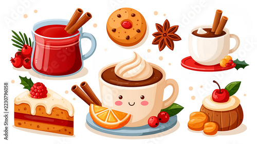 Christmas food and beverage collection featuring mulled drinks, cookies, festive cakes, hot chocolate, and seasonal snacks in flat design on white.