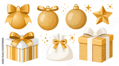 Luxury Christmas decoration collection featuring gold ornaments, elegant ribbons, premium gift boxes, and sparkling stars in modern flat design on white.