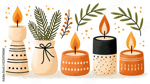 Modern Christmas candle collection featuring elegant candleholders, glowing flames, and pine accents in minimalist flat design, isolated on white.