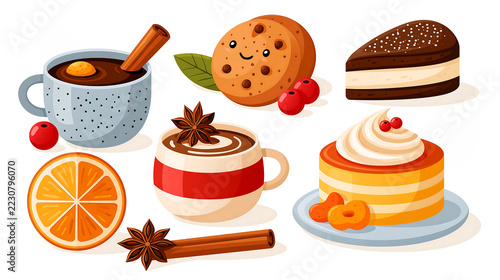 Christmas food and beverage collection featuring mulled drinks, cookies, festive cakes, hot chocolate, and seasonal snacks in flat design on white.