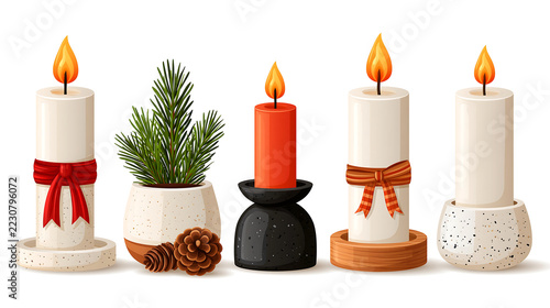 Modern Christmas candle collection featuring elegant candleholders, glowing flames, and pine accents in minimalist flat design, isolated on white.