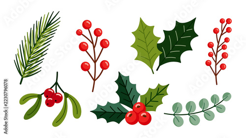 Christmas foliage collection featuring pine branches, holly leaves, mistletoe, berries, and eucalyptus in clean flat design for greeting cards and packaging.