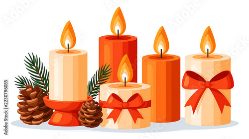 Modern Christmas candle collection featuring elegant candleholders, glowing flames, and pine accents in minimalist flat design, isolated on white.