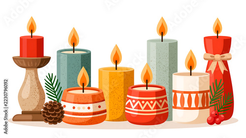 Modern Christmas candle collection featuring elegant candleholders, glowing flames, and pine accents in minimalist flat design, isolated on white.